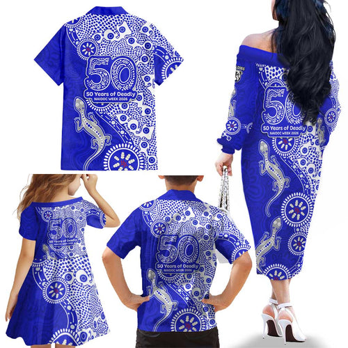 Canterbury-Bankstown Bulldogs NAIDOC Week 2026 Family Matching Off The Shoulder Long Sleeve Dress and Hawaiian Shirt Aboriginal Lizard Dot Painting - 50 Years of Deadly