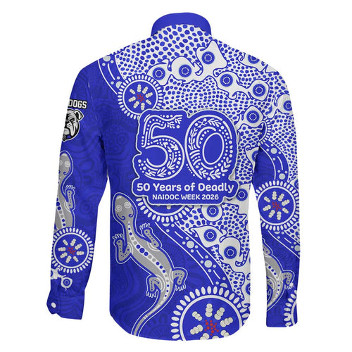 Canterbury-Bankstown Bulldogs NAIDOC Week 2026 Family Matching Off The Shoulder Long Sleeve Dress and Hawaiian Shirt Aboriginal Lizard Dot Painting - 50 Years of Deadly