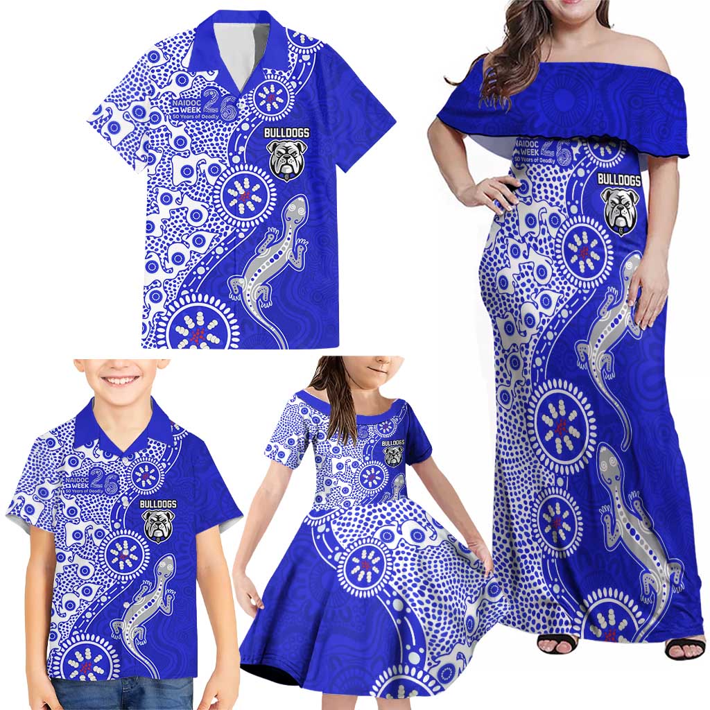 Canterbury-Bankstown Bulldogs NAIDOC Week 2026 Family Matching Off Shoulder Maxi Dress and Hawaiian Shirt Aboriginal Lizard Dot Painting - 50 Years of Deadly