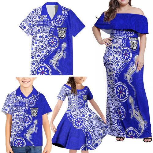 Canterbury-Bankstown Bulldogs NAIDOC Week 2026 Family Matching Off Shoulder Maxi Dress and Hawaiian Shirt Aboriginal Lizard Dot Painting - 50 Years of Deadly