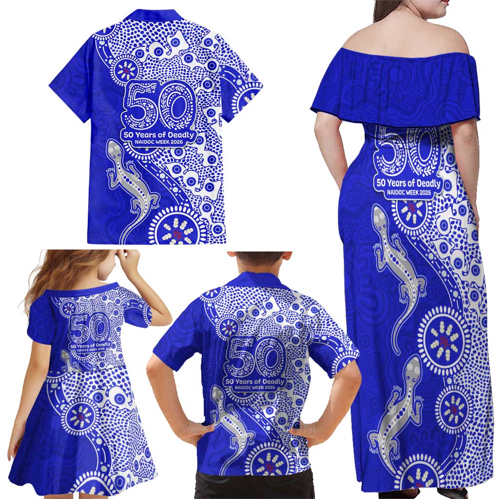 Canterbury-Bankstown Bulldogs NAIDOC Week 2026 Family Matching Off Shoulder Maxi Dress and Hawaiian Shirt Aboriginal Lizard Dot Painting - 50 Years of Deadly