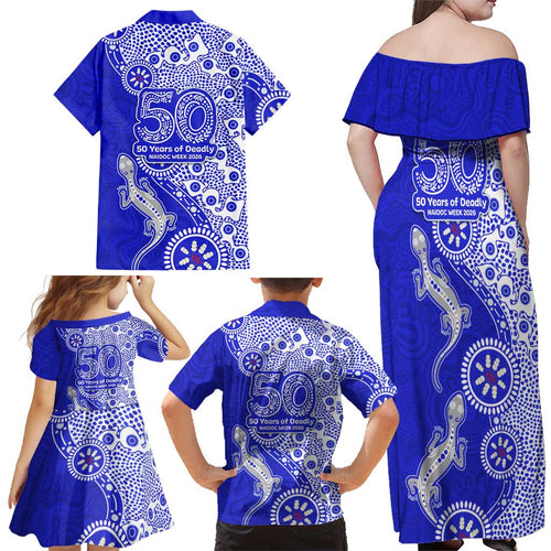 Canterbury-Bankstown Bulldogs NAIDOC Week 2026 Family Matching Off Shoulder Maxi Dress and Hawaiian Shirt Aboriginal Lizard Dot Painting - 50 Years of Deadly