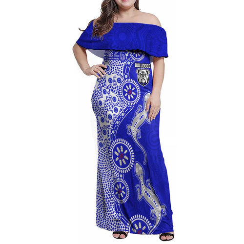 Canterbury-Bankstown Bulldogs NAIDOC Week 2026 Family Matching Off Shoulder Maxi Dress and Hawaiian Shirt Aboriginal Lizard Dot Painting - 50 Years of Deadly