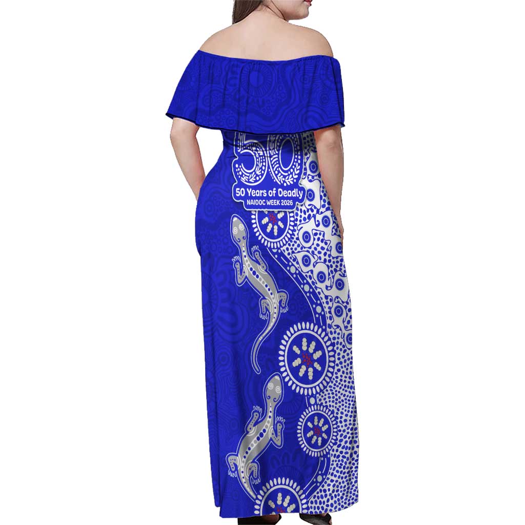 Canterbury-Bankstown Bulldogs NAIDOC Week 2026 Family Matching Off Shoulder Maxi Dress and Hawaiian Shirt Aboriginal Lizard Dot Painting - 50 Years of Deadly