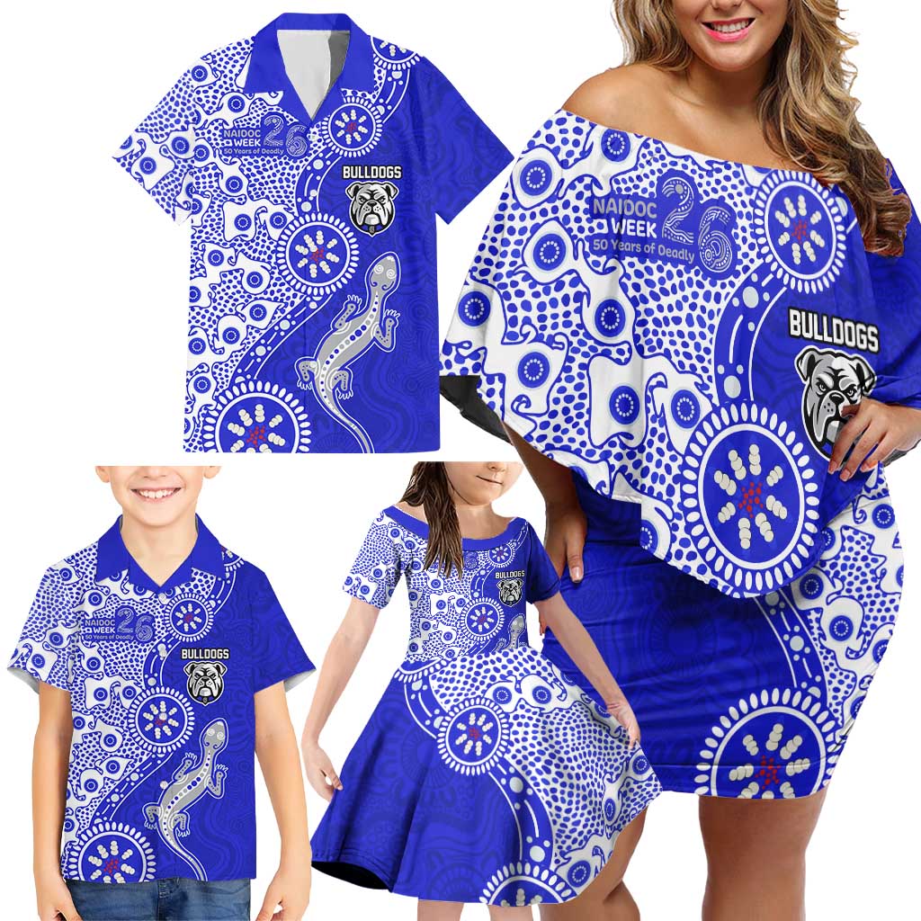 Canterbury-Bankstown Bulldogs NAIDOC Week 2026 Family Matching Off Shoulder Short Dress and Hawaiian Shirt Aboriginal Lizard Dot Painting - 50 Years of Deadly