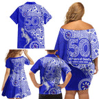 Canterbury-Bankstown Bulldogs NAIDOC Week 2026 Family Matching Off Shoulder Short Dress and Hawaiian Shirt Aboriginal Lizard Dot Painting - 50 Years of Deadly