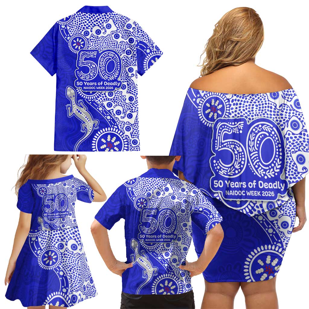 Canterbury-Bankstown Bulldogs NAIDOC Week 2026 Family Matching Off Shoulder Short Dress and Hawaiian Shirt Aboriginal Lizard Dot Painting - 50 Years of Deadly