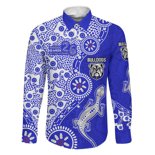 Canterbury-Bankstown Bulldogs NAIDOC Week 2026 Family Matching Off Shoulder Short Dress and Hawaiian Shirt Aboriginal Lizard Dot Painting - 50 Years of Deadly