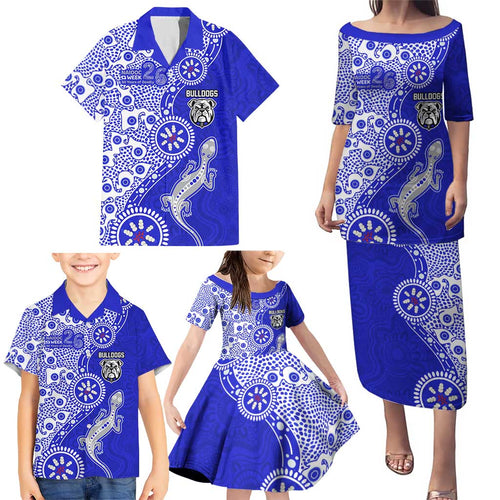 Canterbury-Bankstown Bulldogs NAIDOC Week 2026 Family Matching Puletasi and Hawaiian Shirt Aboriginal Lizard Dot Painting - 50 Years of Deadly