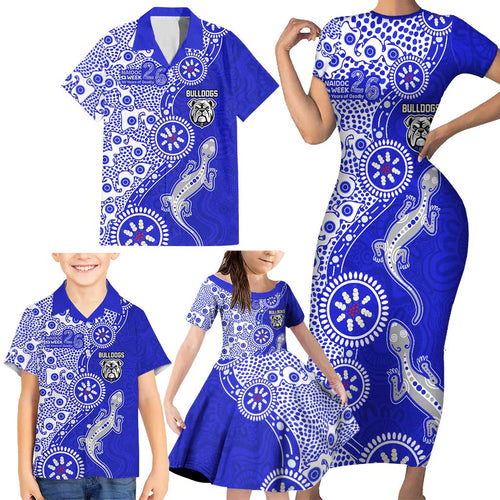 Canterbury-Bankstown Bulldogs NAIDOC Week 2026 Family Matching Short Sleeve Bodycon Dress and Hawaiian Shirt Aboriginal Lizard Dot Painting - 50 Years of Deadly