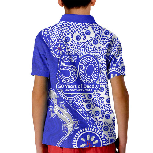 Canterbury-Bankstown Bulldogs NAIDOC Week 2026 Kid Polo Shirt Aboriginal Lizard Dot Painting - 50 Years of Deadly
