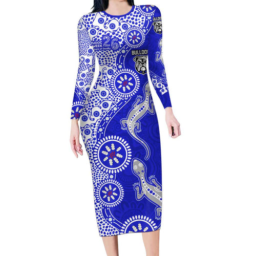 Canterbury-Bankstown Bulldogs NAIDOC Week 2026 Long Sleeve Bodycon Dress Aboriginal Lizard Dot Painting - 50 Years of Deadly