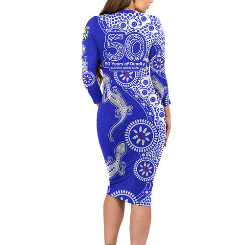 Canterbury-Bankstown Bulldogs NAIDOC Week 2026 Long Sleeve Bodycon Dress Aboriginal Lizard Dot Painting - 50 Years of Deadly