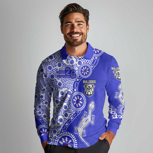 Canterbury-Bankstown Bulldogs NAIDOC Week 2026 Long Sleeve Polo Shirt Aboriginal Lizard Dot Painting - 50 Years of Deadly