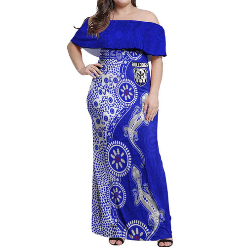 Canterbury-Bankstown Bulldogs NAIDOC Week 2026 Off Shoulder Maxi Dress Aboriginal Lizard Dot Painting - 50 Years of Deadly