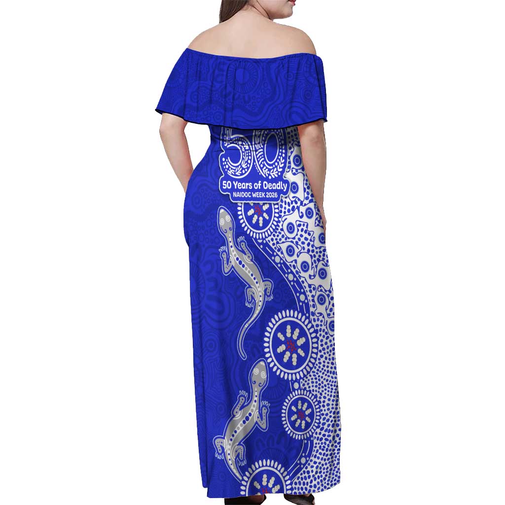 Canterbury-Bankstown Bulldogs NAIDOC Week 2026 Off Shoulder Maxi Dress Aboriginal Lizard Dot Painting - 50 Years of Deadly