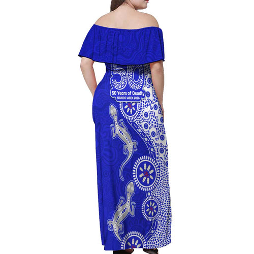 Canterbury-Bankstown Bulldogs NAIDOC Week 2026 Off Shoulder Maxi Dress Aboriginal Lizard Dot Painting - 50 Years of Deadly