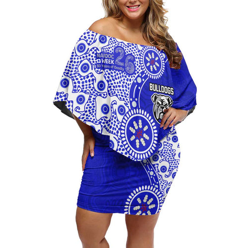 Canterbury-Bankstown Bulldogs NAIDOC Week 2026 Off Shoulder Short Dress Aboriginal Lizard Dot Painting - 50 Years of Deadly