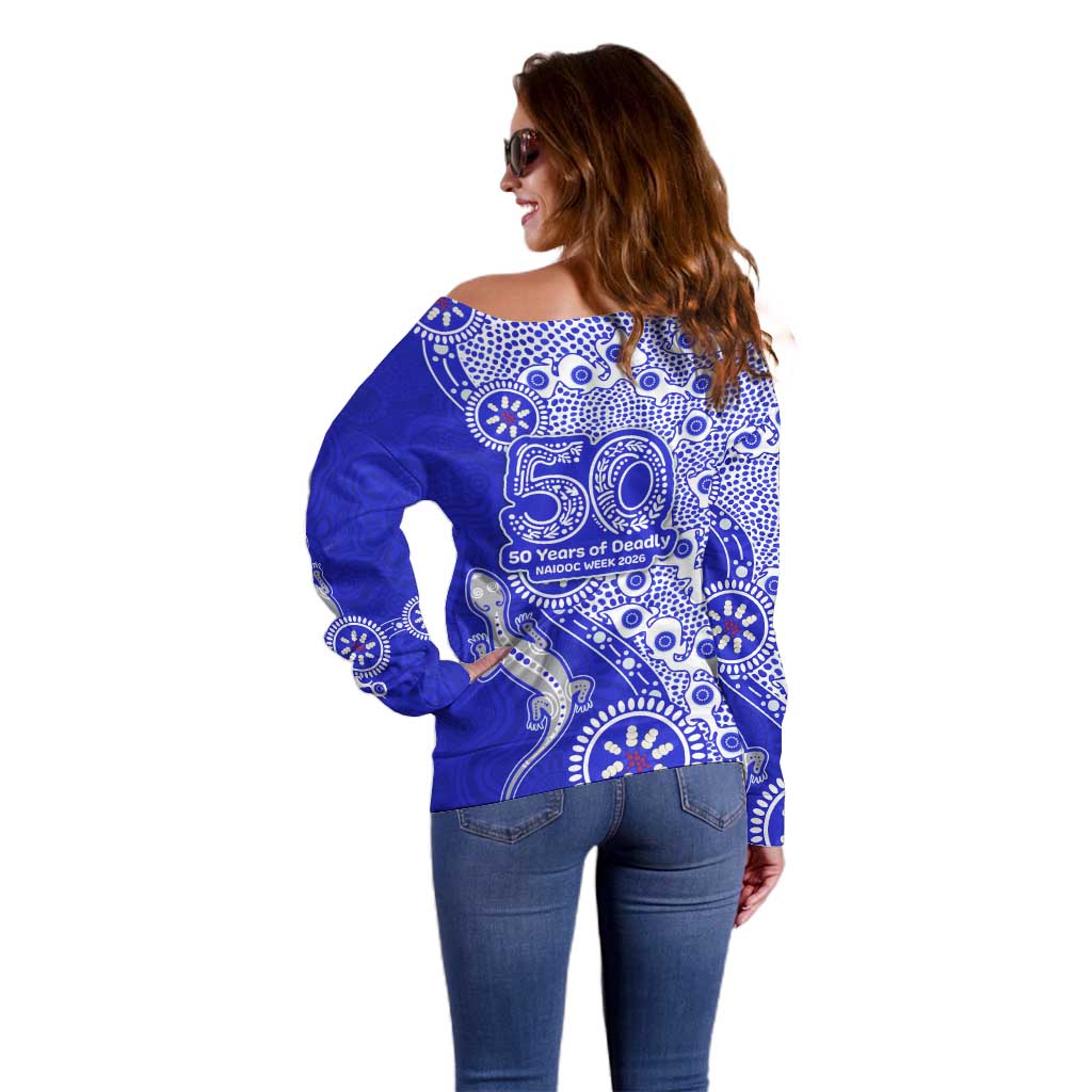 Canterbury-Bankstown Bulldogs NAIDOC Week 2026 Off Shoulder Sweater Aboriginal Lizard Dot Painting - 50 Years of Deadly