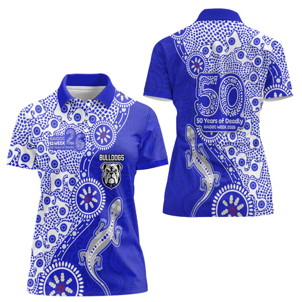 Canterbury-Bankstown Bulldogs NAIDOC Week 2026 Women Polo Shirt Aboriginal Lizard Dot Painting - 50 Years of Deadly