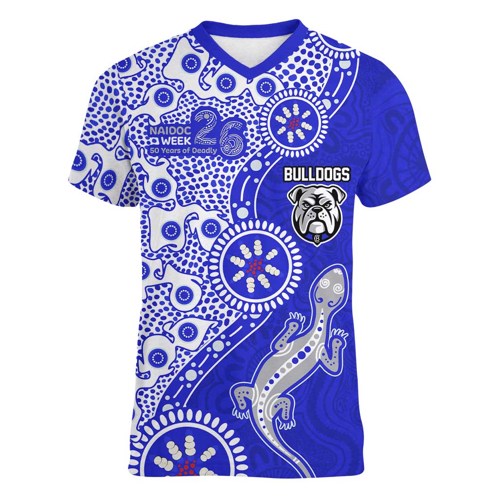 Canterbury-Bankstown Bulldogs NAIDOC Week 2026 Women V-Neck T-Shirt Aboriginal Lizard Dot Painting - 50 Years of Deadly