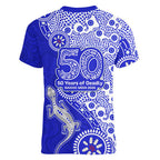 Canterbury-Bankstown Bulldogs NAIDOC Week 2026 Women V-Neck T-Shirt Aboriginal Lizard Dot Painting - 50 Years of Deadly