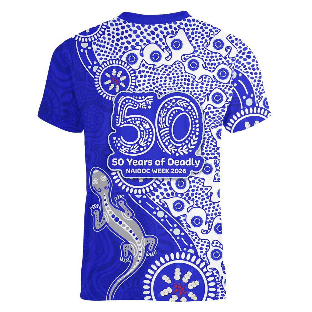 Canterbury-Bankstown Bulldogs NAIDOC Week 2026 Women V-Neck T-Shirt Aboriginal Lizard Dot Painting - 50 Years of Deadly