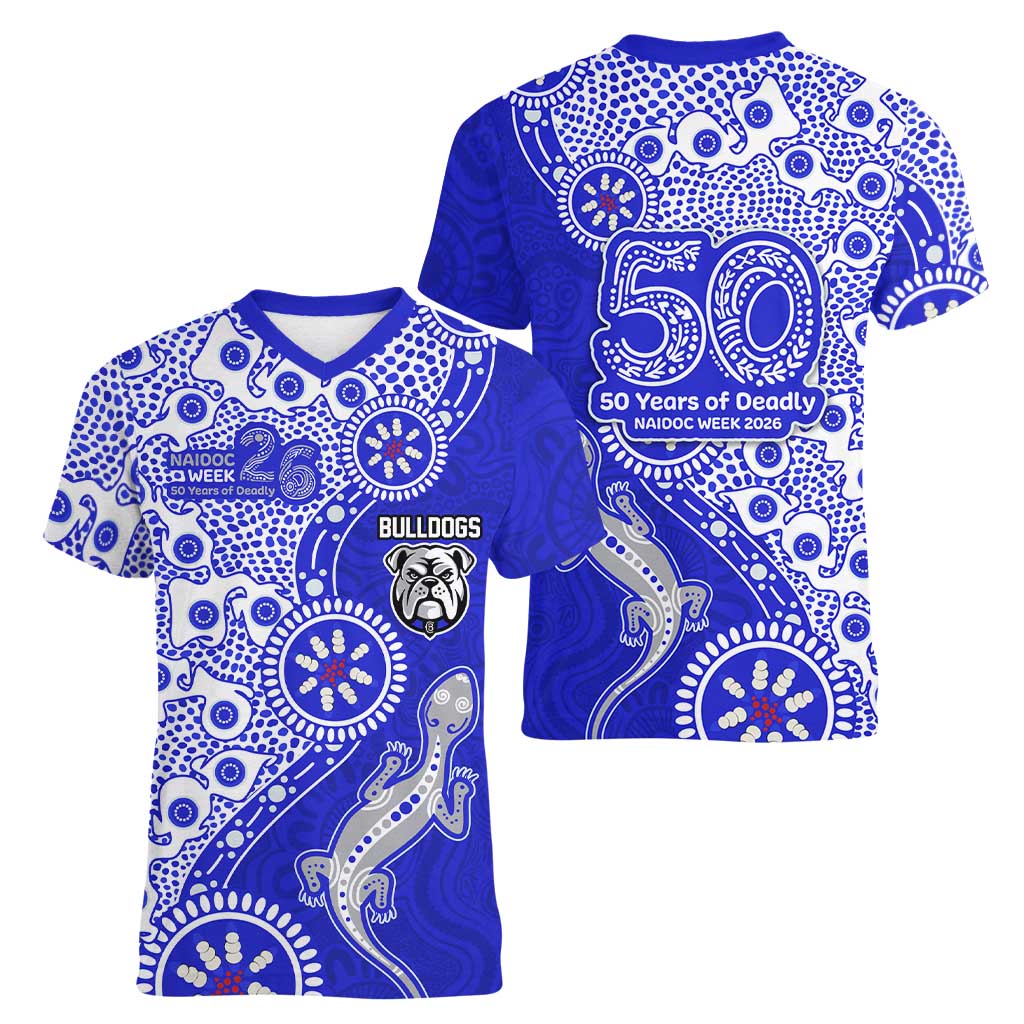 Canterbury-Bankstown Bulldogs NAIDOC Week 2026 Women V-Neck T-Shirt Aboriginal Lizard Dot Painting - 50 Years of Deadly