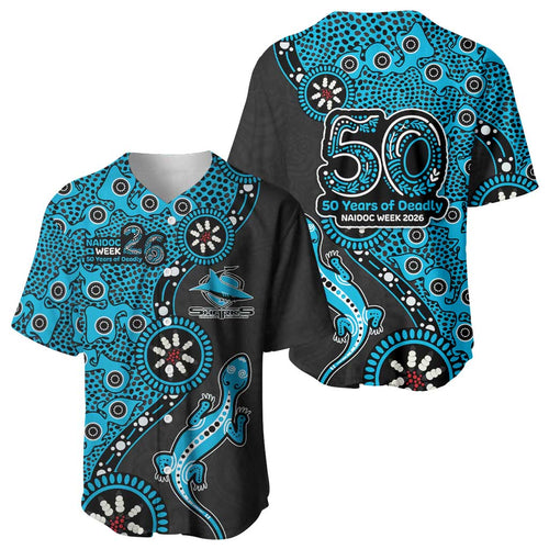 Cronulla-Sutherland Sharks NAIDOC Week 2026 Baseball Jersey Aboriginal Lizard Dot Painting - 50 Years of Deadly