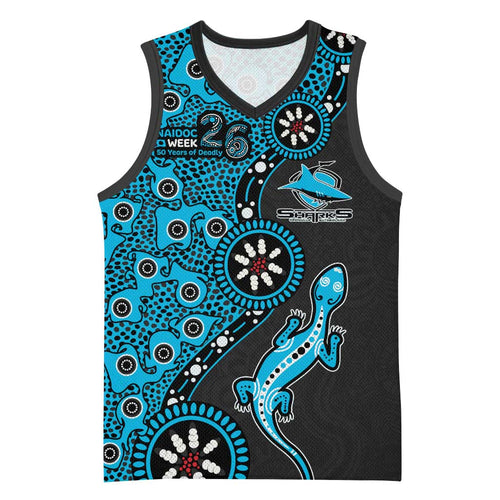 Cronulla-Sutherland Sharks NAIDOC Week 2026 Basketball Jersey Aboriginal Lizard Dot Painting - 50 Years of Deadly