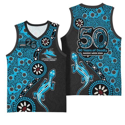 Cronulla-Sutherland Sharks NAIDOC Week 2026 Basketball Jersey Aboriginal Lizard Dot Painting - 50 Years of Deadly