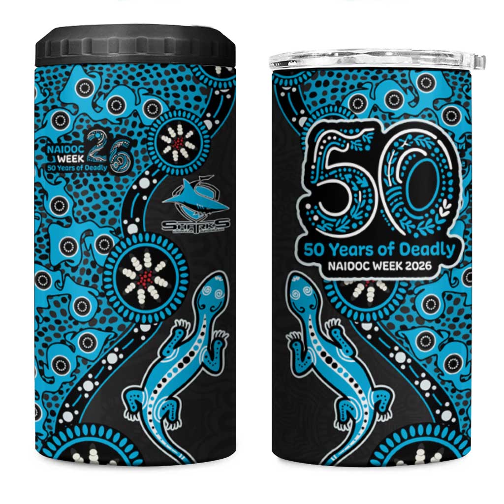 Cronulla-Sutherland Sharks NAIDOC Week 2026 4 in 1 Can Cooler Tumbler Aboriginal Lizard Dot Painting - 50 Years of Deadly
