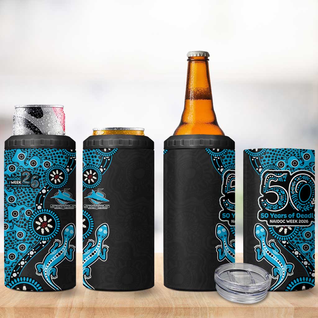 Cronulla-Sutherland Sharks NAIDOC Week 2026 4 in 1 Can Cooler Tumbler Aboriginal Lizard Dot Painting - 50 Years of Deadly