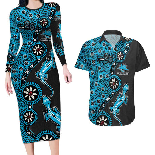 Cronulla-Sutherland Sharks NAIDOC Week 2026 Couples Matching Long Sleeve Bodycon Dress and Hawaiian Shirt Aboriginal Lizard Dot Painting - 50 Years of Deadly