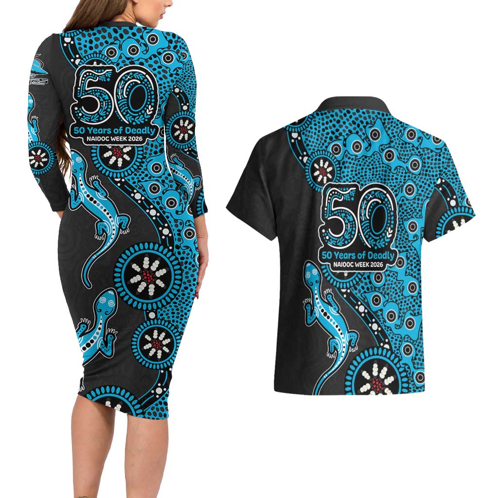 Cronulla-Sutherland Sharks NAIDOC Week 2026 Couples Matching Long Sleeve Bodycon Dress and Hawaiian Shirt Aboriginal Lizard Dot Painting - 50 Years of Deadly
