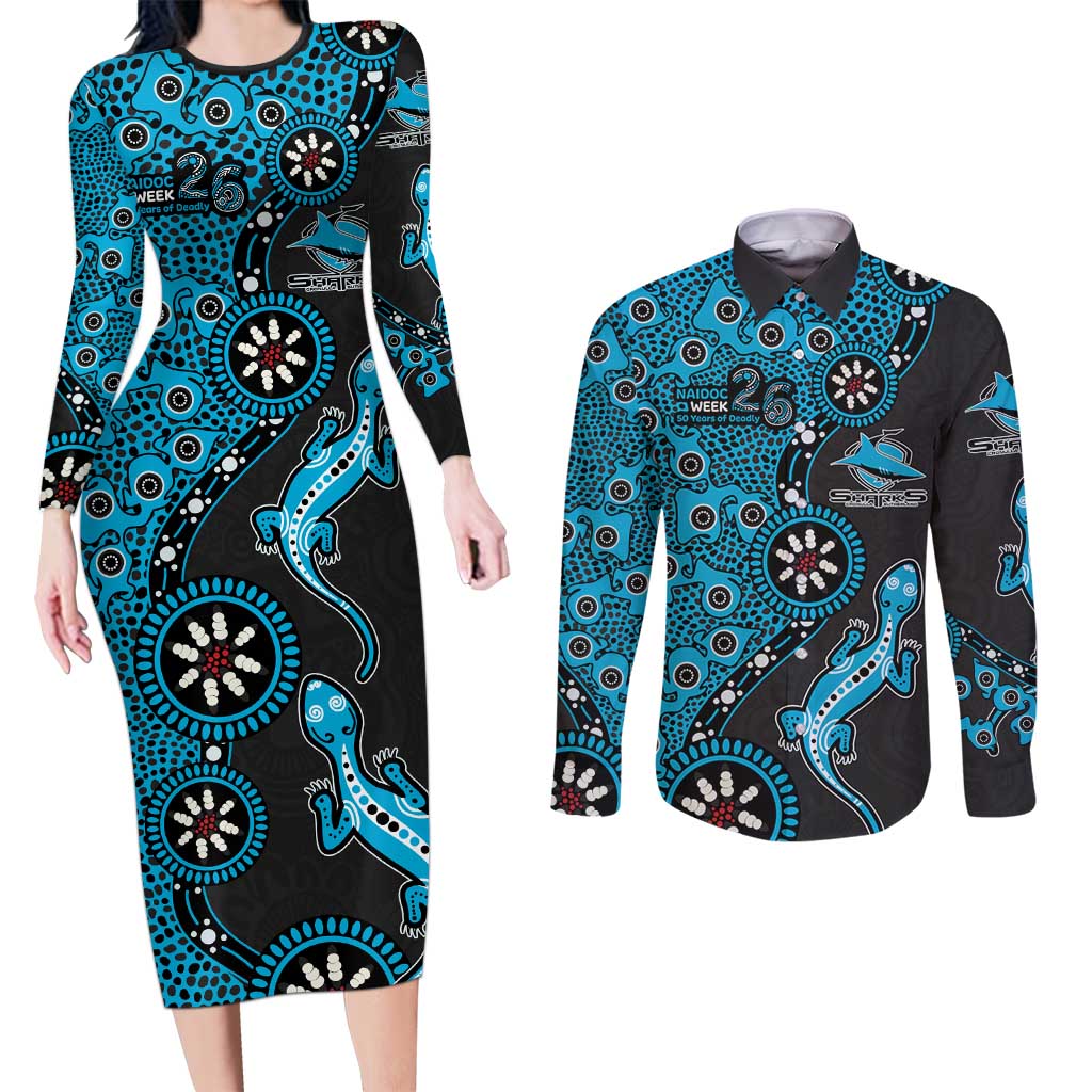 Cronulla-Sutherland Sharks NAIDOC Week 2026 Couples Matching Long Sleeve Bodycon Dress and Long Sleeve Button Shirt Aboriginal Lizard Dot Painting - 50 Years of Deadly