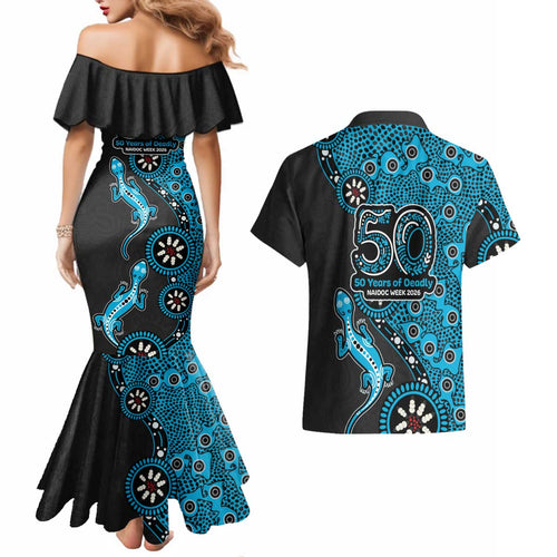 Cronulla-Sutherland Sharks NAIDOC Week 2026 Couples Matching Mermaid Dress and Hawaiian Shirt Aboriginal Lizard Dot Painting - 50 Years of Deadly