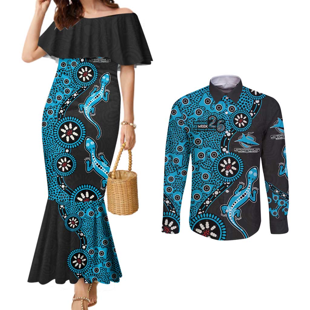Cronulla-Sutherland Sharks NAIDOC Week 2026 Couples Matching Mermaid Dress and Long Sleeve Button Shirt Aboriginal Lizard Dot Painting - 50 Years of Deadly