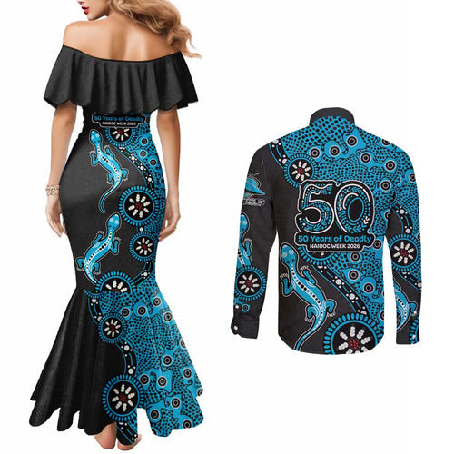 Cronulla-Sutherland Sharks NAIDOC Week 2026 Couples Matching Mermaid Dress and Long Sleeve Button Shirt Aboriginal Lizard Dot Painting - 50 Years of Deadly
