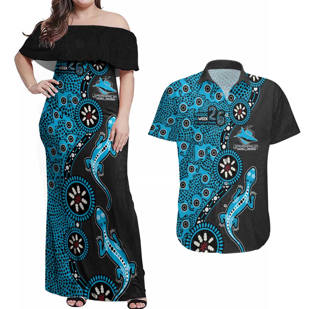 Cronulla-Sutherland Sharks NAIDOC Week 2026 Couples Matching Off Shoulder Maxi Dress and Hawaiian Shirt Aboriginal Lizard Dot Painting - 50 Years of Deadly
