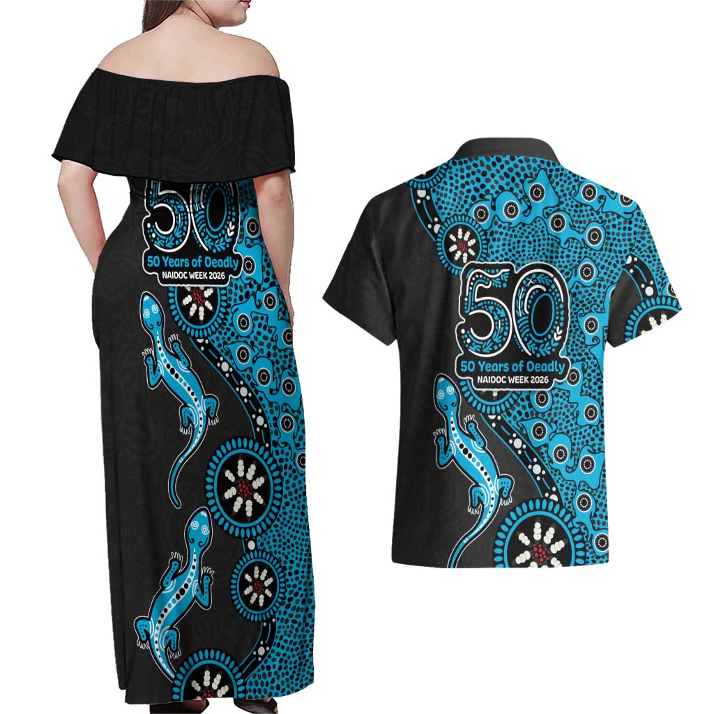 Cronulla-Sutherland Sharks NAIDOC Week 2026 Couples Matching Off Shoulder Maxi Dress and Hawaiian Shirt Aboriginal Lizard Dot Painting - 50 Years of Deadly