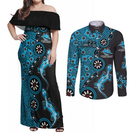 Cronulla-Sutherland Sharks NAIDOC Week 2026 Couples Matching Off Shoulder Maxi Dress and Long Sleeve Button Shirt Aboriginal Lizard Dot Painting - 50 Years of Deadly