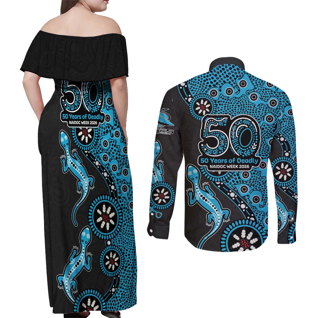 Cronulla-Sutherland Sharks NAIDOC Week 2026 Couples Matching Off Shoulder Maxi Dress and Long Sleeve Button Shirt Aboriginal Lizard Dot Painting - 50 Years of Deadly