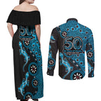 Cronulla-Sutherland Sharks NAIDOC Week 2026 Couples Matching Off Shoulder Maxi Dress and Long Sleeve Button Shirt Aboriginal Lizard Dot Painting - 50 Years of Deadly