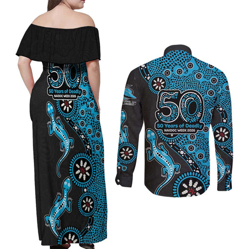 Cronulla-Sutherland Sharks NAIDOC Week 2026 Couples Matching Off Shoulder Maxi Dress and Long Sleeve Button Shirt Aboriginal Lizard Dot Painting - 50 Years of Deadly