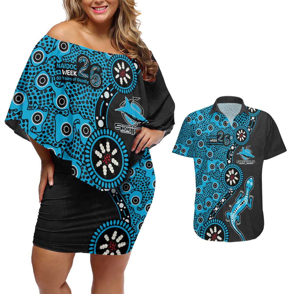 Cronulla-Sutherland Sharks NAIDOC Week 2026 Couples Matching Off Shoulder Short Dress and Hawaiian Shirt Aboriginal Lizard Dot Painting - 50 Years of Deadly