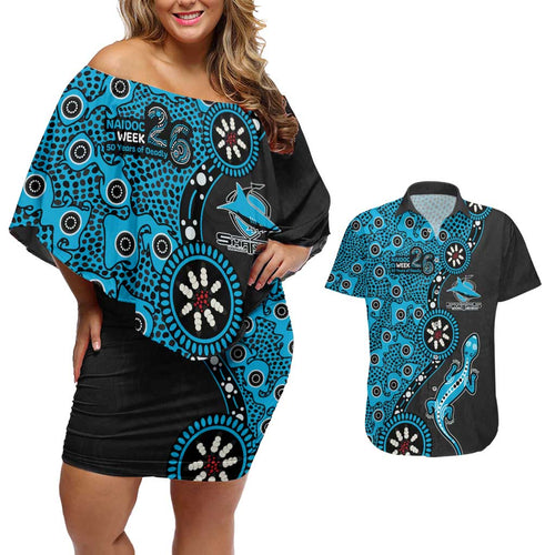 Cronulla-Sutherland Sharks NAIDOC Week 2026 Couples Matching Off Shoulder Short Dress and Hawaiian Shirt Aboriginal Lizard Dot Painting - 50 Years of Deadly