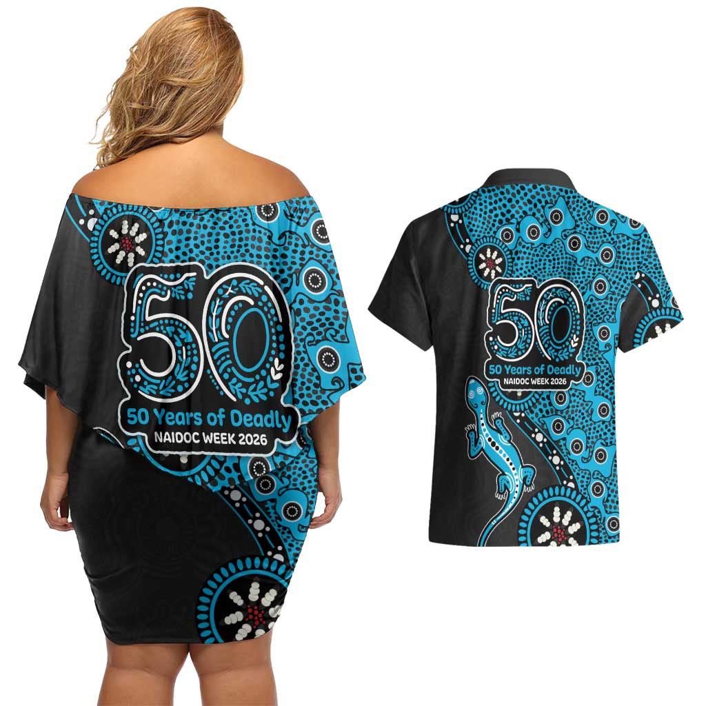 Cronulla-Sutherland Sharks NAIDOC Week 2026 Couples Matching Off Shoulder Short Dress and Hawaiian Shirt Aboriginal Lizard Dot Painting - 50 Years of Deadly