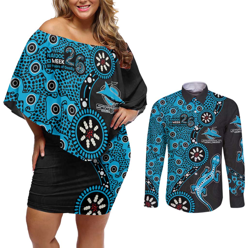 Cronulla-Sutherland Sharks NAIDOC Week 2026 Couples Matching Off Shoulder Short Dress and Long Sleeve Button Shirt Aboriginal Lizard Dot Painting - 50 Years of Deadly