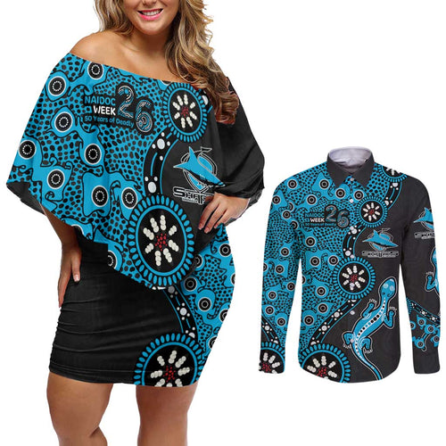 Cronulla-Sutherland Sharks NAIDOC Week 2026 Couples Matching Off Shoulder Short Dress and Long Sleeve Button Shirt Aboriginal Lizard Dot Painting - 50 Years of Deadly
